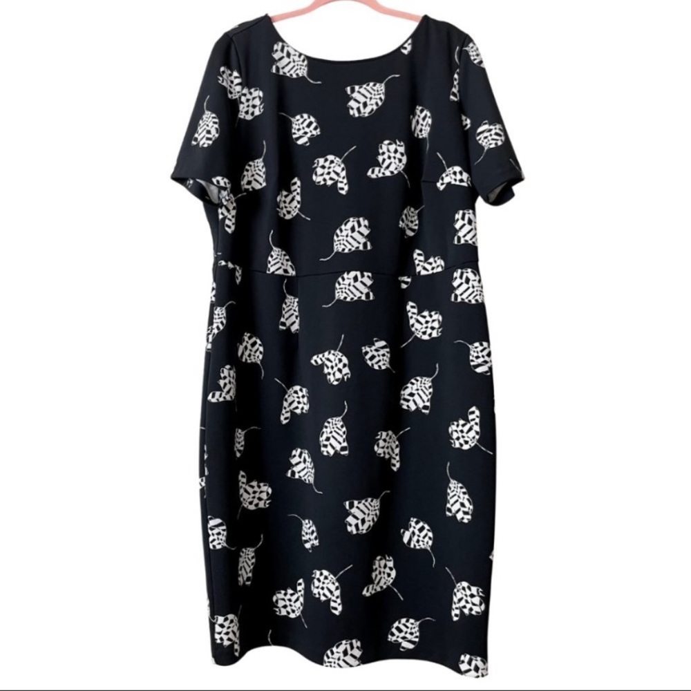Vince Camuto Dress Leaf Short Sleeve Sheath Black White Plus Size 2X